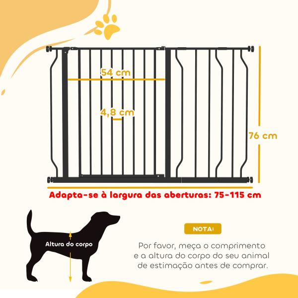 Barreira de Segurança para Cães Extensível para Escadas e Portas 75 - 115 cm com 2 Extensões e 10 - 20 cm Altura 76 cm Preto
