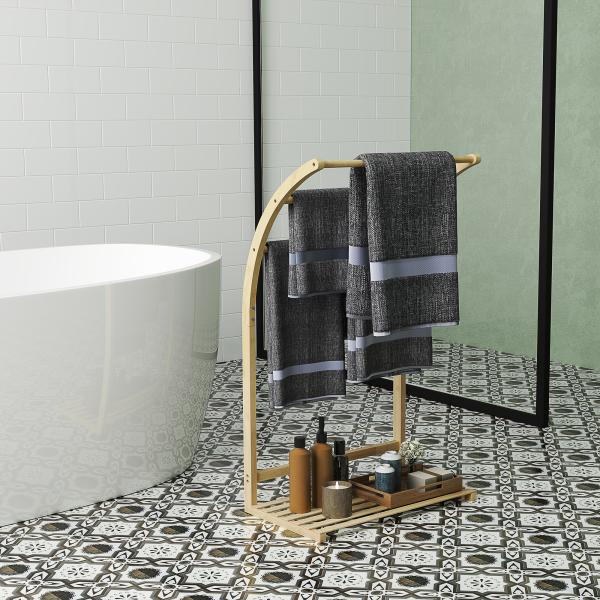 Toalheiro de Pé em Bambu com 3 Barras e Prateleira de Arrumação para Casa de Banho e Lavandaria 50x29x84 cm Natural