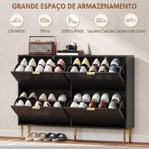 Sapateira Estreita com 4 Portas Caneladas e Estantes Ajustáveis para 20 Pares 105x24x91,5 cm Preto