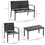 Conjunto de Móveis de Jardim Conjunto de 4 Peças com 2 Poltronas 1 Sofá de 2 Lugares e Mesa de Centro com Tampo de Vidro Preto