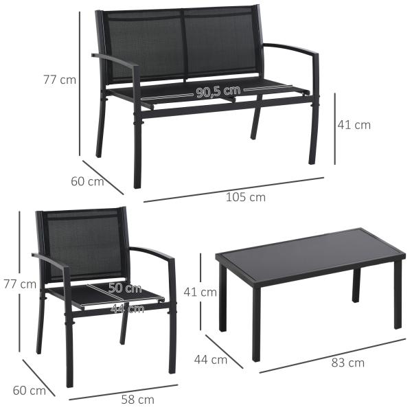 Conjunto de Móveis de Jardim Conjunto de 4 Peças com 2 Poltronas 1 Sofá de 2 Lugares e Mesa de Centro com Tampo de Vidro Preto
