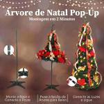 Árvore de Natal Desdobrável 150 cm com 70 Luzes LED, 11 Modos, Comando à Distância e Decoração Incluída, Verde
