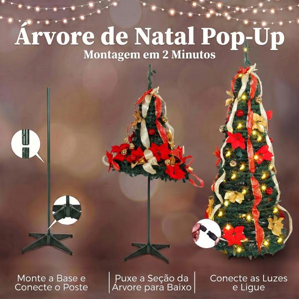 Árvore de Natal Desdobrável 150 cm com 70 Luzes LED, 11 Modos, Comando à Distância e Decoração Incluída, Verde