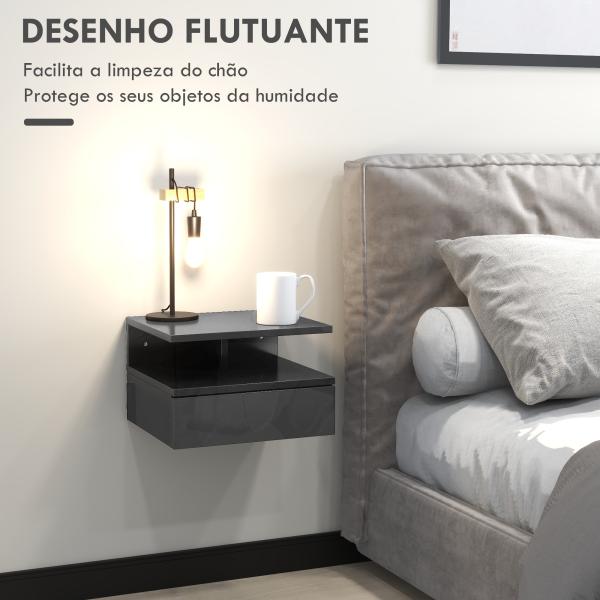 Conjunto de 2 Mesas de Cabeceira Flutuantes com Gaveta e Prateleira Aberta para Sala de Estar, 35x32x22,5 cm Preto Brilhante