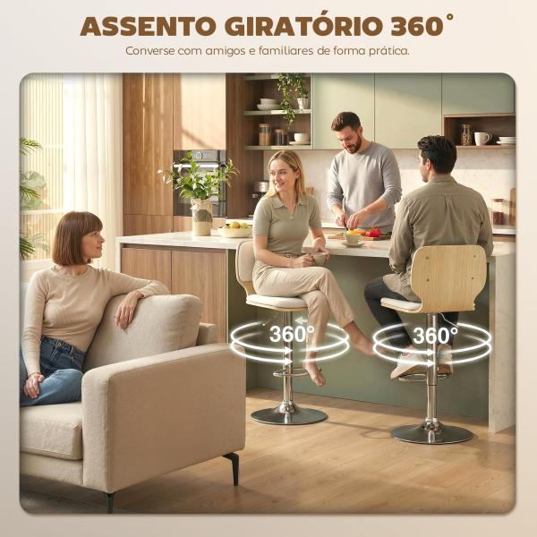Conjunto de 2 Bancos de Bar Giratórios com Altura Ajustável Estofados em Tecido Tipo Linho com Base em Aço 41x47,5x81 - 102 cm Bege
