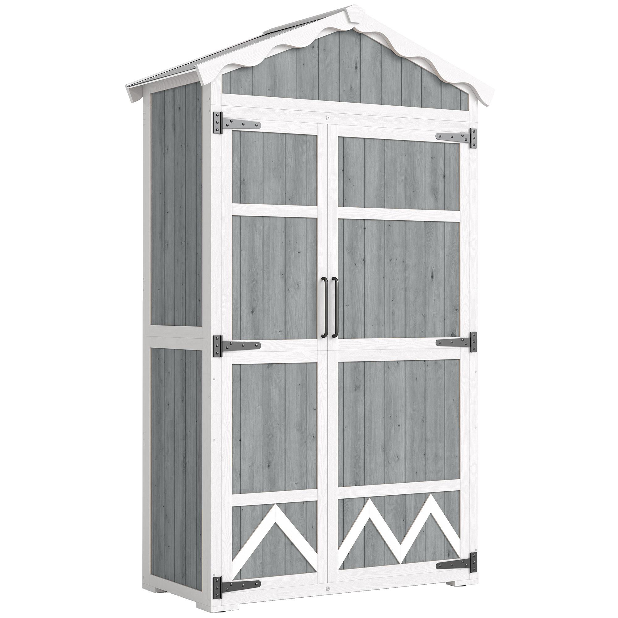 Armário de Jardim de Madeira 105x55x179 cm Abrigo de Exterior com Portas 4 Prateleiras Extraíveis Teto Metal Galvanizado Cinza