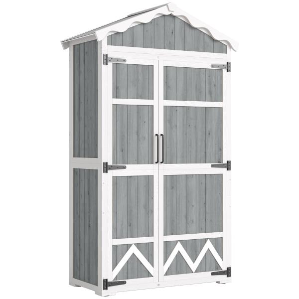Armário de Jardim de Madeira 105x55x179 cm Abrigo de Exterior com Portas 4 Prateleiras Extraíveis Teto Metal Galvanizado Cinza