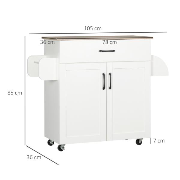 Carrinho de Cozinha com 1 Gaveta Suporte para Panos e Especies Carrinho Auxiliar com Rodas 105x36x85cm Branco