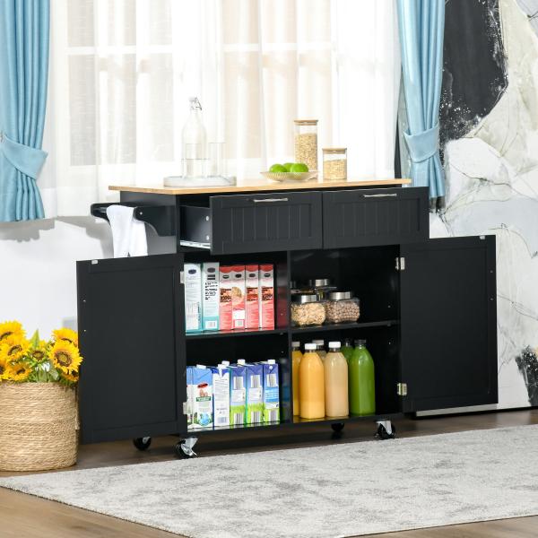 Carrinho de Cozinha com Rodas Móvel Auxiliar de Cozinha com 2 Gavetas 2 Portas Prateleira Ajustável 104x46x91 cm Preto