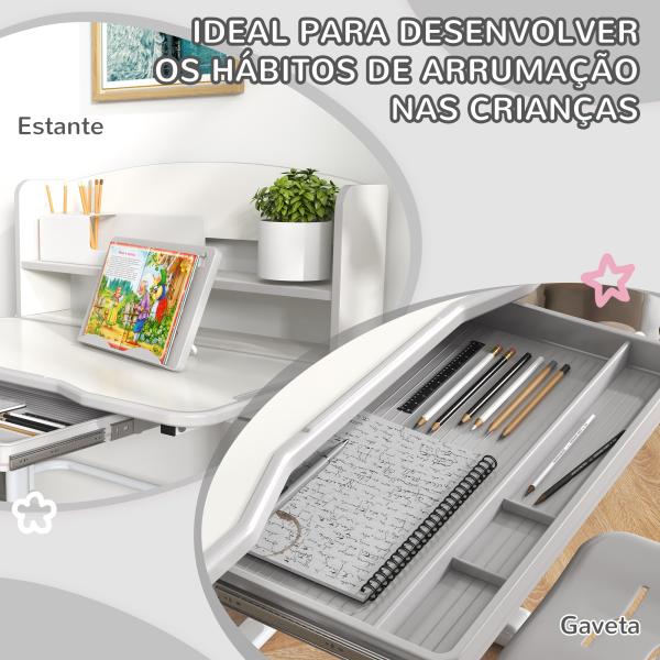 Conjunto de Secretária e Cadeira para Crianças com Altura Ajustável e Ângulo da Mesa Ajustável 80x54,5x82 - 104 cm Cinza e Branco