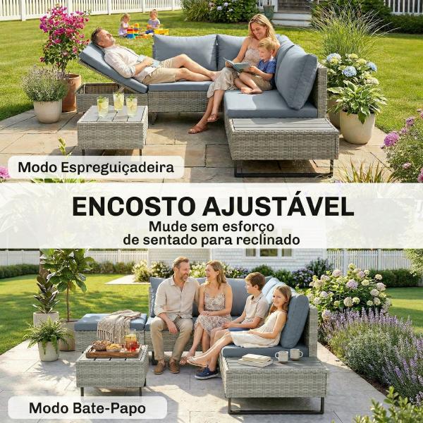 Conjunto de Jardim em Vime PE de 3 Peças com Encosto Ajustável Sofá de 3 Lugares Sofá de 2 Lugares e Mesa Cinzento