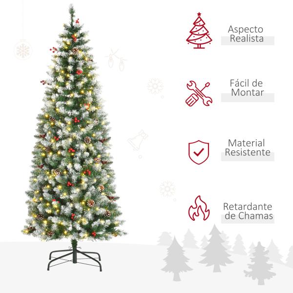 Árvore de Natal Nevada Artificial 180cm com 300 Luzes LED Branco Quente 618 Ramos Ignífugos de PVC Decorações Incluidadas e Base Dobrável Ø65x180cm Verde
