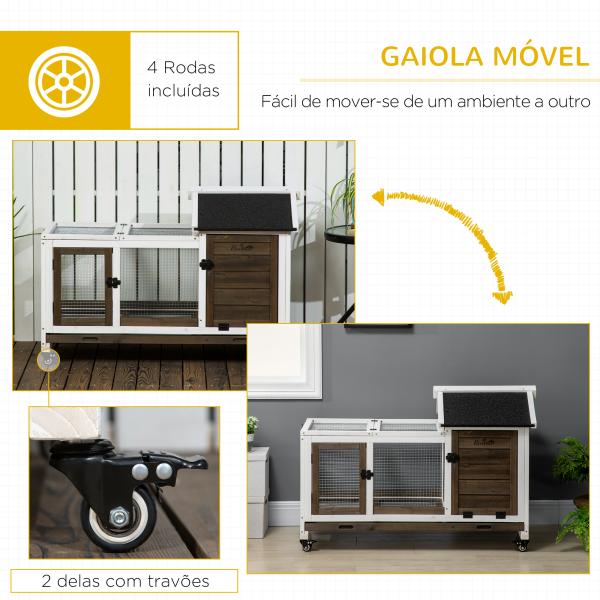Coelheira de Madeira com Rodas para 1 - 2 Coelhos com Teto Abatível Bandeja Amovível 108x58x73,5cm Marrom Café e Branco