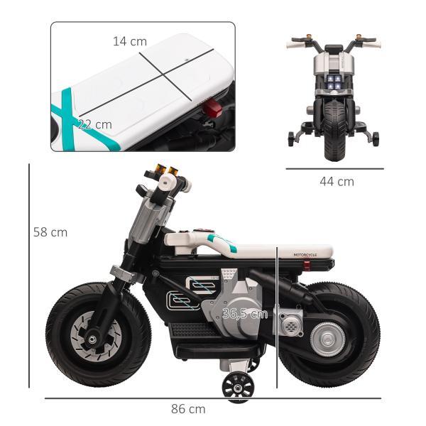 Mota Elétrica Infantil 6V com Farol Música Buzina Velocidade 3km/h Avance e Retrocesso 86x44x58cm Preto e Branco