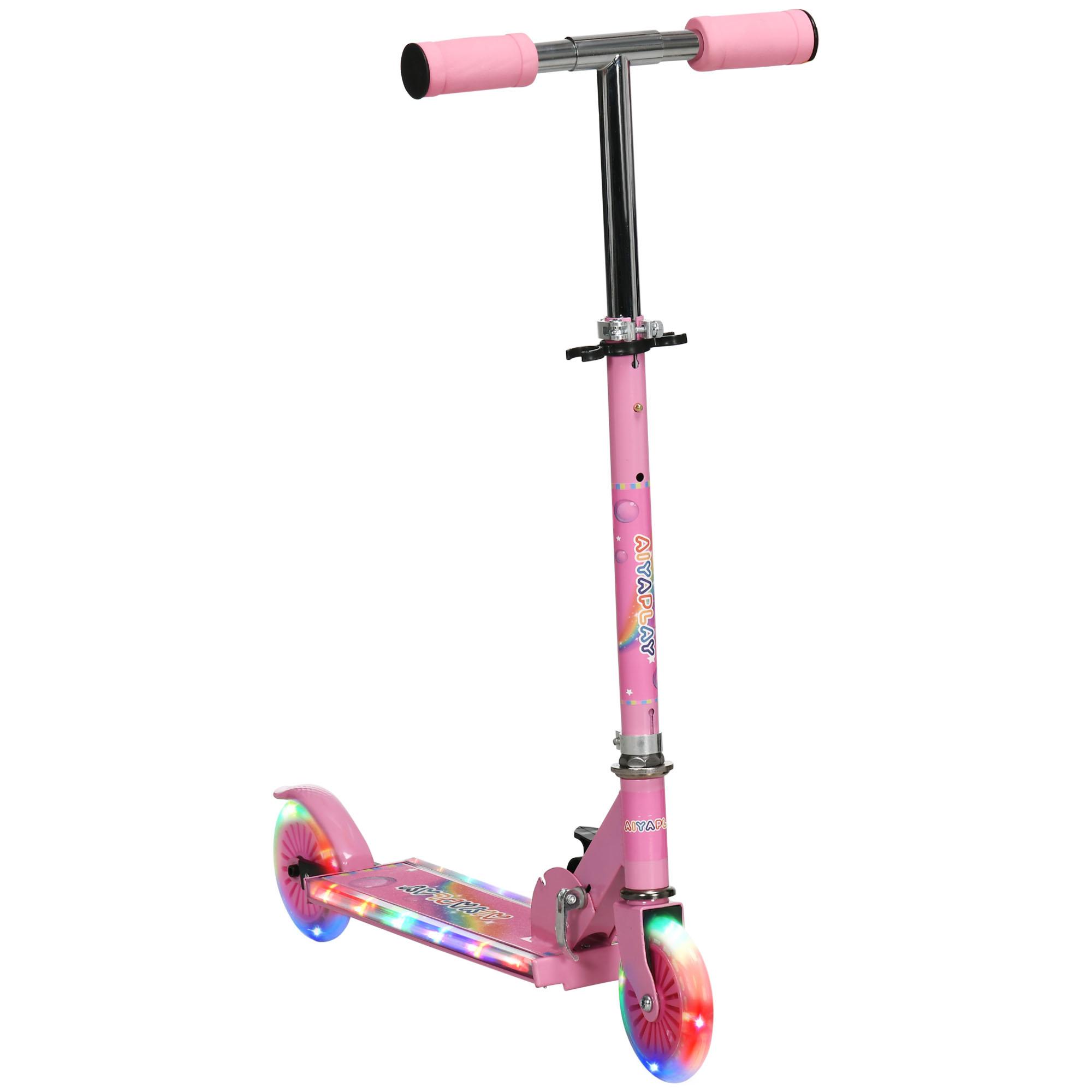 Trotinete para Crianças Dobrável com Luzes e Música 4 Alturas Ajustável Rodas Brilhantes e Pedal LED 67x32x65 - 78 cm Rosa