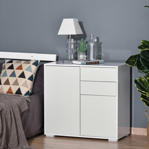 Aparador Auxiliar com 2 Portas 2 Gavetas e Prateleira Ajustável Abertura a Pressão Móvel Organizador de Armazenamento para Dormitório Sala de Estar 79x36x74cm Branco