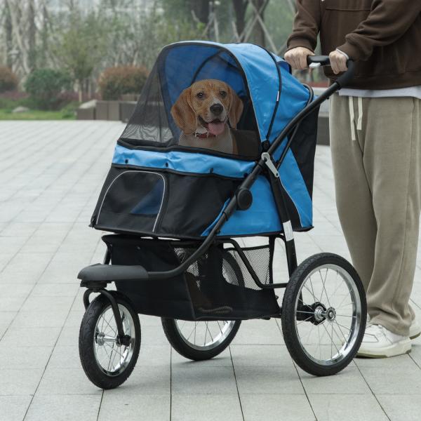 Carrinho para Cães Dobrável para Cães Médios e Pequenos com Cesta de Armazenamento Capota Ajustável 111x58x107 cm Azul
