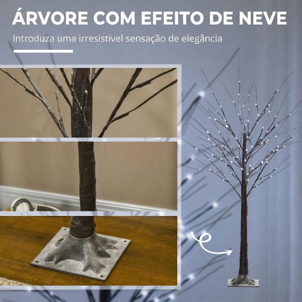 Árvore de Vidoeiro Artificial 150 cm com 96 LEDs Branco Frio, Neve Artificial, Base Metálica e Decoração de Natal Castanha