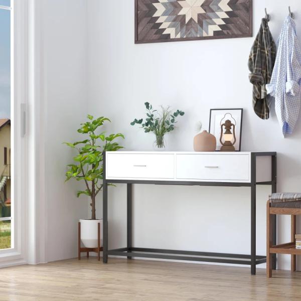 Consola Mesa de Entrada 120x34x81cm com 2 Gavetas e Pés Ajustáveis Móvel de Entrada de Estilo Moderno para Corredor Entrada Branco e Preto