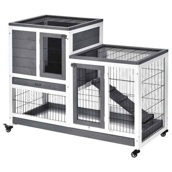 Coelheira de Madeira Interior com Rodas Gaiola para Coelhos Animais Pequenos de 2 Pisos com Zona Aberta Rampa e 2 Bandejas Removíveis 110x50x86cm Cinza
