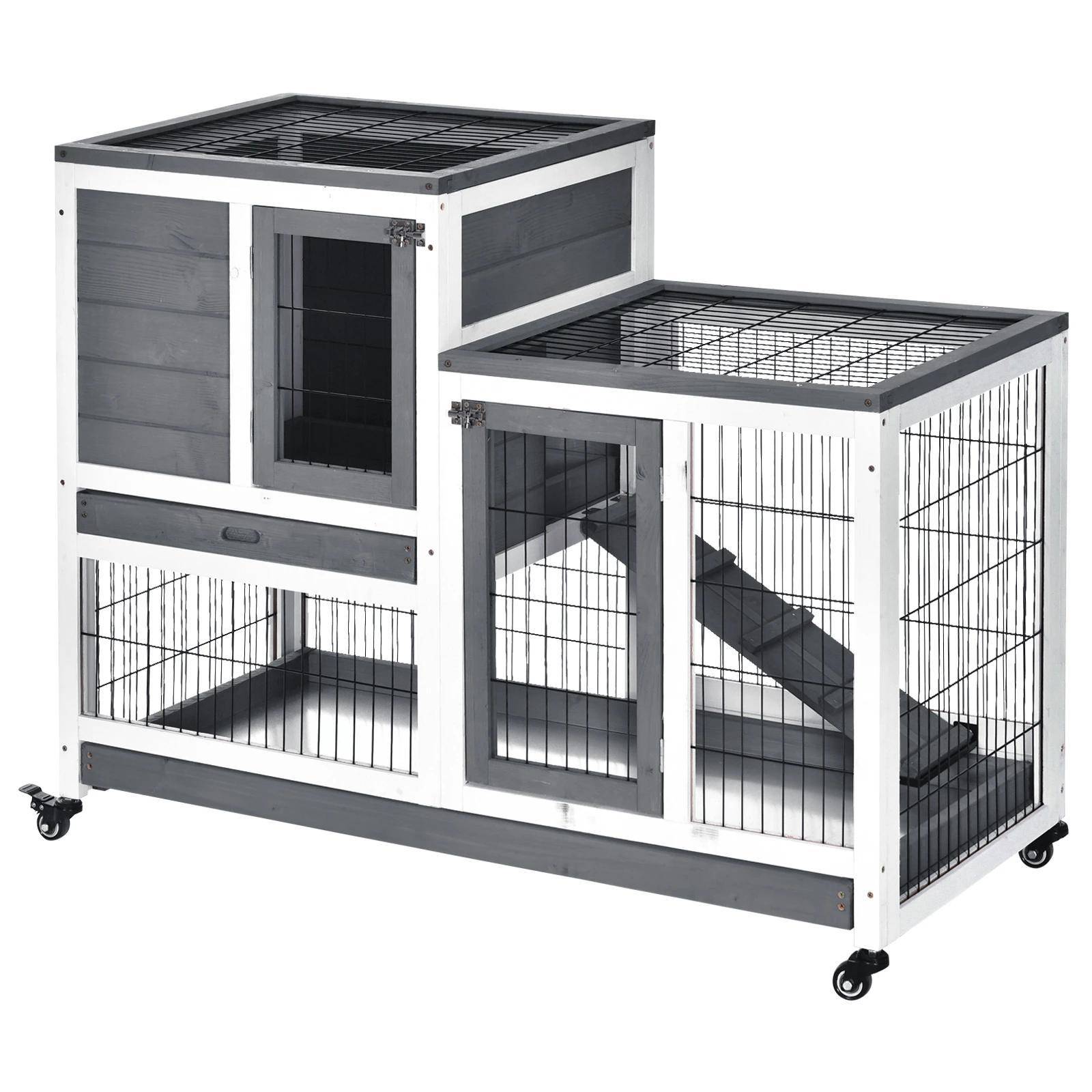Coelheira de Madeira Interior com Rodas Gaiola para Coelhos Animais Pequenos de 2 Pisos com Zona Aberta Rampa e 2 Bandejas Removíveis 110x50x86cm Cinza