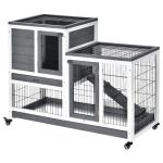 Coelheira de Madeira Interior com Rodas Gaiola para Coelhos Animais Pequenos de 2 Pisos com Zona Aberta Rampa e 2 Bandejas Removíveis 110x50x86cm Cinza