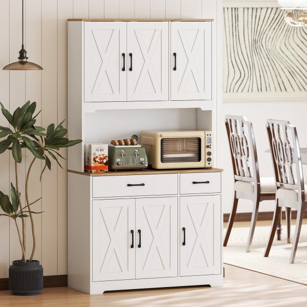 Armário de Cozinha Alto Móvel Auxiliar de Cozinha com Bancada Aberta para Micro - Ondas 2 Gavetas Prateleiras Ajustáveis 94x39,5x175,2 cm Branco