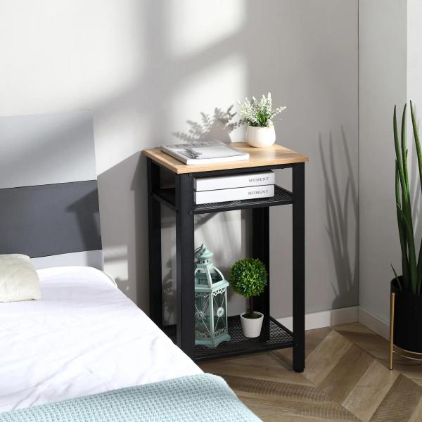 Mesa de Apoio Estilo Industrial com 2 Prateleiras de Grade de Metal e Pés Ajustáveis 45x35x75cm Carvalho e Branco