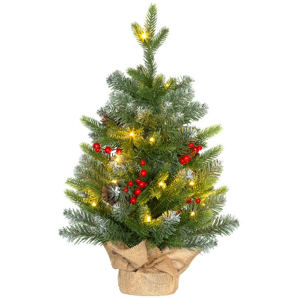 Árvore de Natal de Mesa 60 cm com 20 Luzes LED 141 Ramos 5 Pinhas 5 Cachos de Bagas Vermelhas e Suporte de Metal Verde