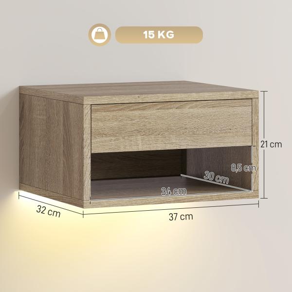Conjunto de 2 Mesas de Cabeceira Flutuantes com Luzes LED RGB Controlo por APP e Prateleira Aberta 37x32x21 cm Madeira