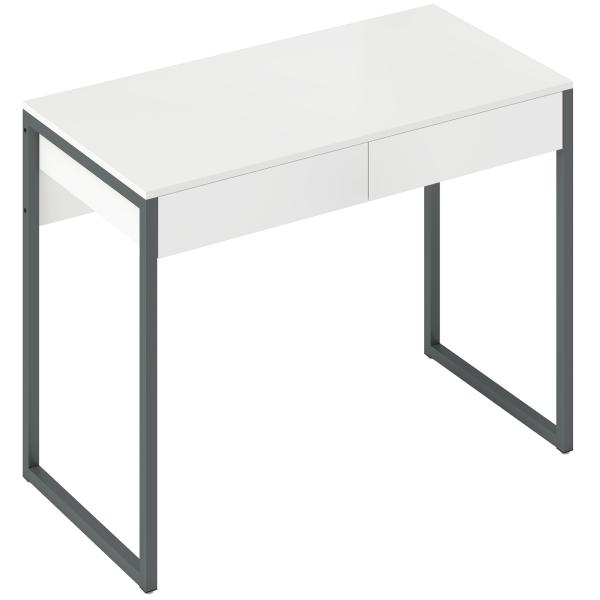 Secretária com 2 Gavetas 100x50 cm Mesa de Computador Pernas de Aço para Casa Escritório Espaços Pequenos Branco Brilhante