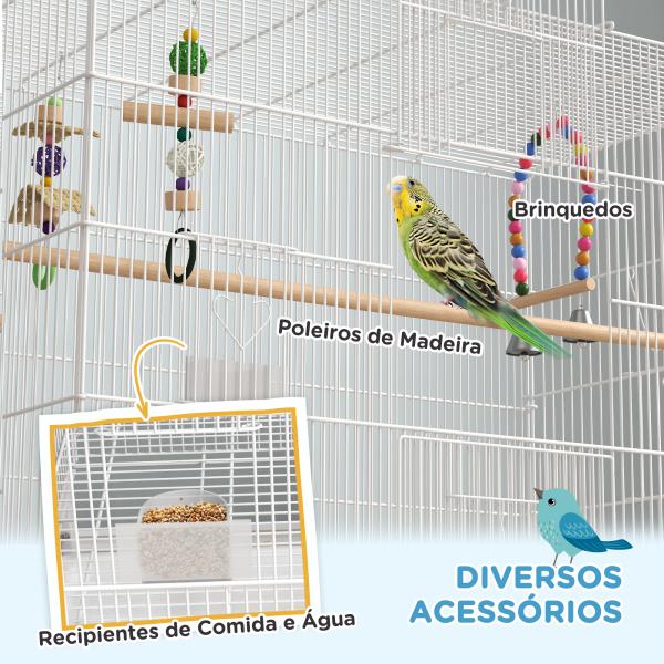 Gaiola para Pássaros com Rodas com 4 Comedouros 3 Poleiros Brinquedos Bandeja Amovível e Prateleira 79x49x133 cm Branco