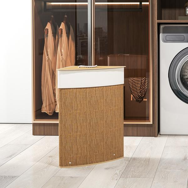 Cesto para Roupa Suja de Bambu de 55L com Tampa e Asa Saco Extraível e Lavável para Casa de Banho Quarto, 35x35x60 cm Castanho