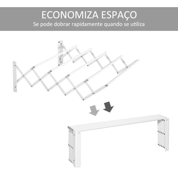 Estendal de Parede Extensível de 63,5cm de Metal com 5 Barras para Interior e Exterior Carga 10kg 63,5x60x20cm Branco