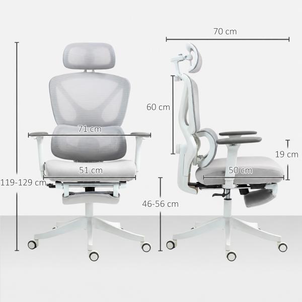 Cadeira de Escritório de Malha Reclinável com Apoio para a Cabeça Ajustável e Altura Regulável 71x70x109 - 119 cm Cinza