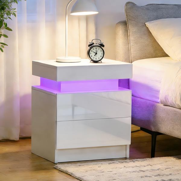 Mesa de Cabeceira com Luz LED Mesa de Cabeceira Painel de Alto Brilho 2 Gavetas e Controlo 45x35x52 cm Branco