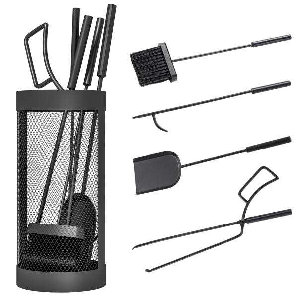 Conjunto para Lareira de 5 Peças em Metal com Escova, Pá, Tenaz, Atiçador e Suporte Ø16x33,5 cm Preto
