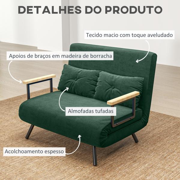 Sofá Cama Sofá Convertível em Cama de 2 Lugares Dobrável com Encosto Ajustável em 5 Níveis e 2 Almofadas 102x73x81 cm Verde