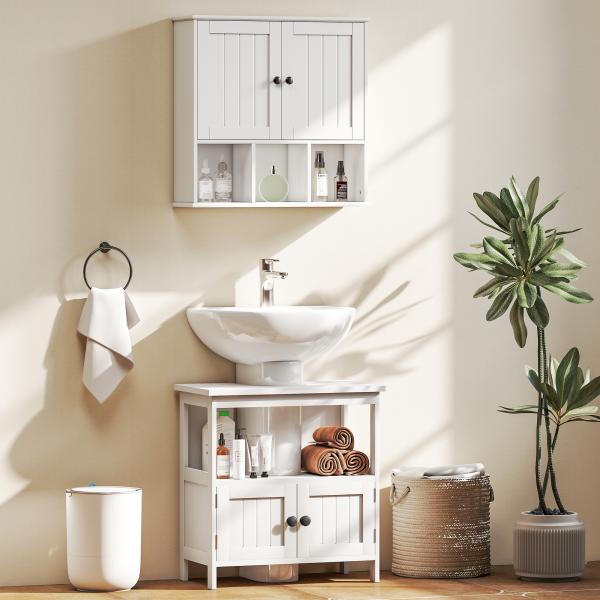Móvel para Lavatório Pousar com Armário de 2 Portas Estante Aberto e Estante Ajustável Interior 60x30x60 cm Branco