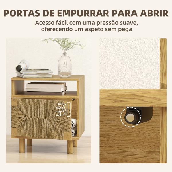 Mesa de Cabeceira Estilo Bohémio com Porta de Corda de Papel Prateleira Aberta e Abertura por Pressão 45x39x50 cm Carvalho