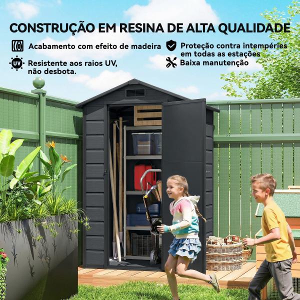 Abrigo de Jardim 1,09 m² 128x104x196 cm com Base Porta com Fechadura Janela e Ventilação, Cinzento Escuro