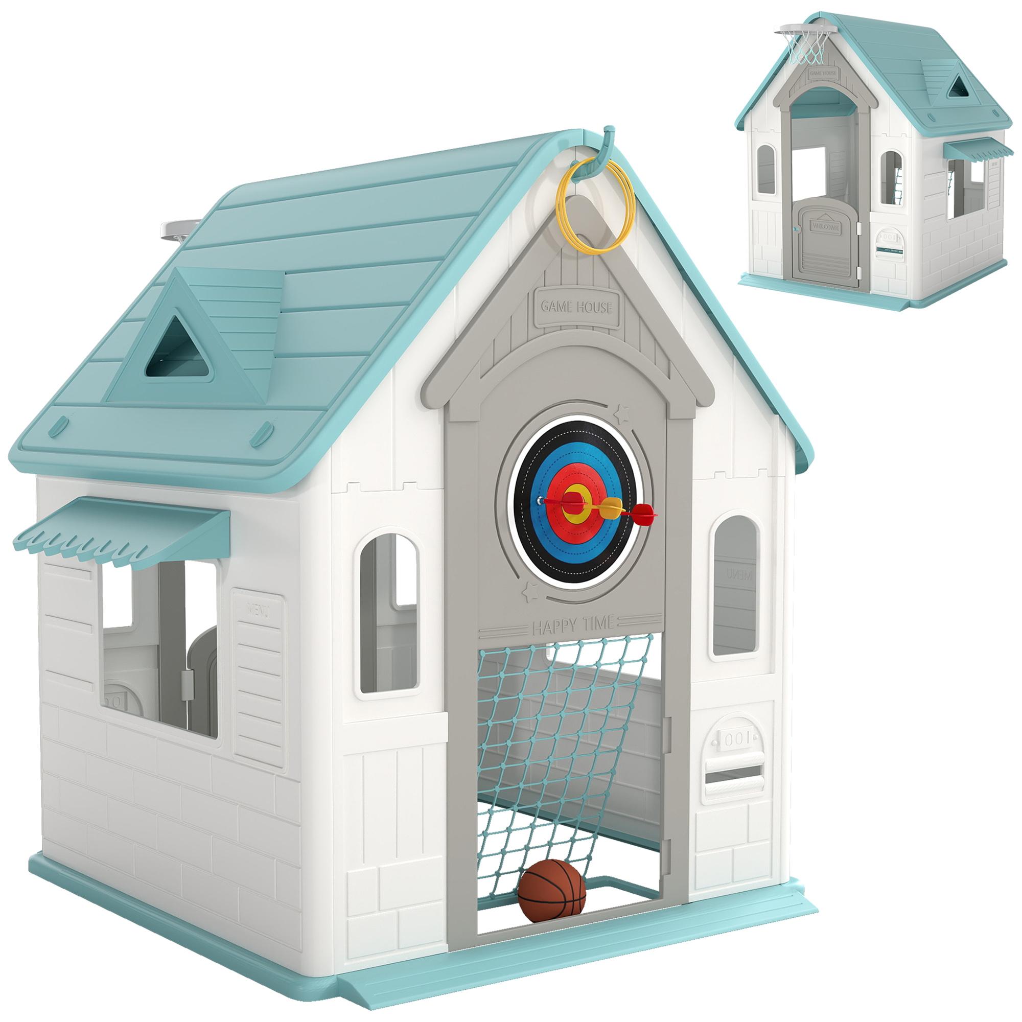 Casa de Brincar para Crianças 5 em 1 Casa de Jardim com Lançamento de Anéis Basquetebol Futebol Dardos 132x118x124 cm B