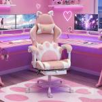 Cadeira Gaming com Orelhas de Gato, Encosto Reclinável 90 - 135°, Apoio para os Pés Retrátil, Almofada Lombar e Apoio de Cabeça - Rosa