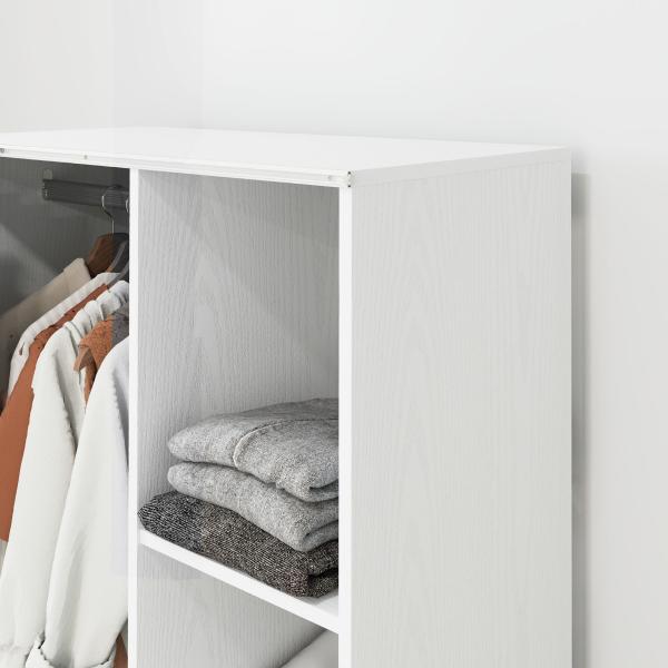 Roupeiro com Rodas, Cortina, Barra para Pendurar Roupa e 3 Prateleiras Abertas para Quarto, 80x40x128 cm, Branco