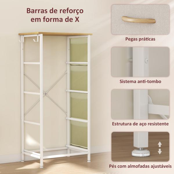 Cómoda Alta de Tecido com 4 Gavetas 4 Bolsos Laterais 2 Ganchos e Estrutura de Aço 45x30x94,5 cm Bege