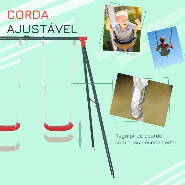 Conjunto de Baloiços para Crianças com Suporte de Metal e Corda Ajustável 220x160x180 cm Verde e Vermelho