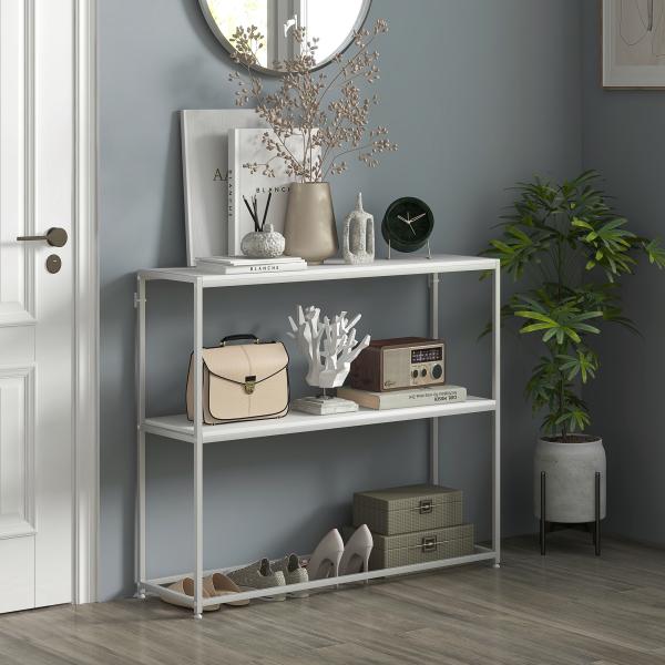 Mesa Consola de Entrada Mesa de Entrada com Estante Aberto e Estrutura de Aço Anti - tombo para Sala 100x30x87 cm Branco