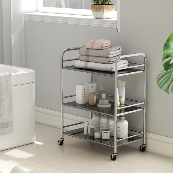 Carrinho Auxiliar com Rodas de Aço Inoxidável de 3 Níveis com Prateleira Ajustável 2 Rodas com Travão 60x35x77 cm Prateado