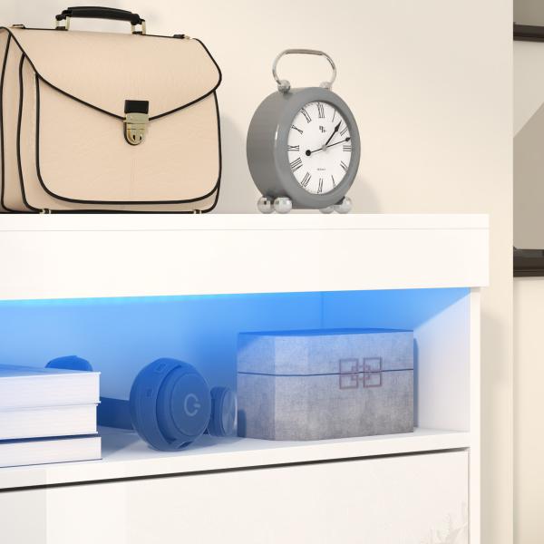 Móvel Sapateira de Entrada com Luzes LED Prateleira Aberta e 2 Gavetas Basculantes para 12 - 16 Pares 80x24x99,5 cm Branco Brilhante