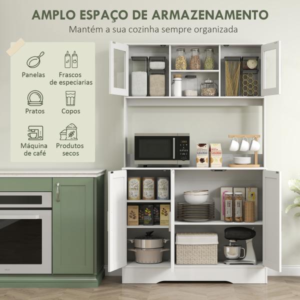 Armário de Cozinha com 2 Portas de Vidro Bancada Ampla para Micro - ondas Compartimentos Abertos Prateleiras Ajustáveis Branco